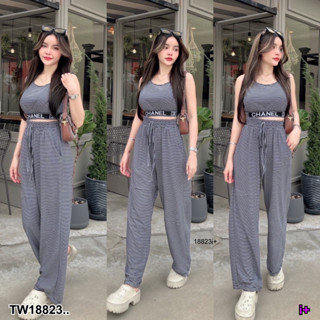 👗Pfashion [ส่งไวมาก🚛] P18823 Set 2 ชิ้น เสื้อกล้าม เอวยางยืดลายริ้ว + กางเกงขายาวลายริ้ว ..