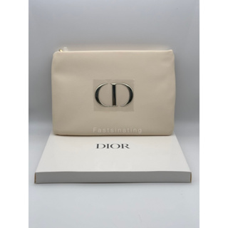 Dior Cosmetic Bag หนังเทียม สีครีมโลโก้ทอง ขนาด 9x6x0.5 นิ้ว มาพร้อมกล่อง