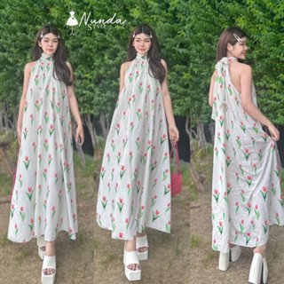 🌷Nunda Style🌷 เดรสลายทิวลิป ด้านหลังผูกโบว์ คอตั้งแต่งจีบด้านหน้า งานอลัง ใส่แล้วไม่อ้วนนะ