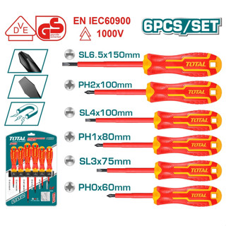 TOTAL ชุดไขควง ปากแบน - ปากแฉก THTIS566 หุ้มฉนวน Insulated Screwdriver Set กันไฟฟ้า 1000 โวลต์ (6 ตัวชุด) พร้อมแผงแขว