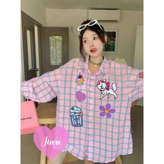 pink shirt เสื้อเชิ้ตลายตาราง ปักลายน่ารัก