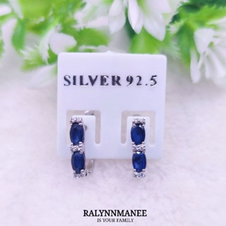 T6406 ต่างหูพลอยไพลินแท้ ( Blue sapphire ) แบบอิงลิชล็อค ตัวเรือนเงินแท้ 925 ชุบทองคำขาว