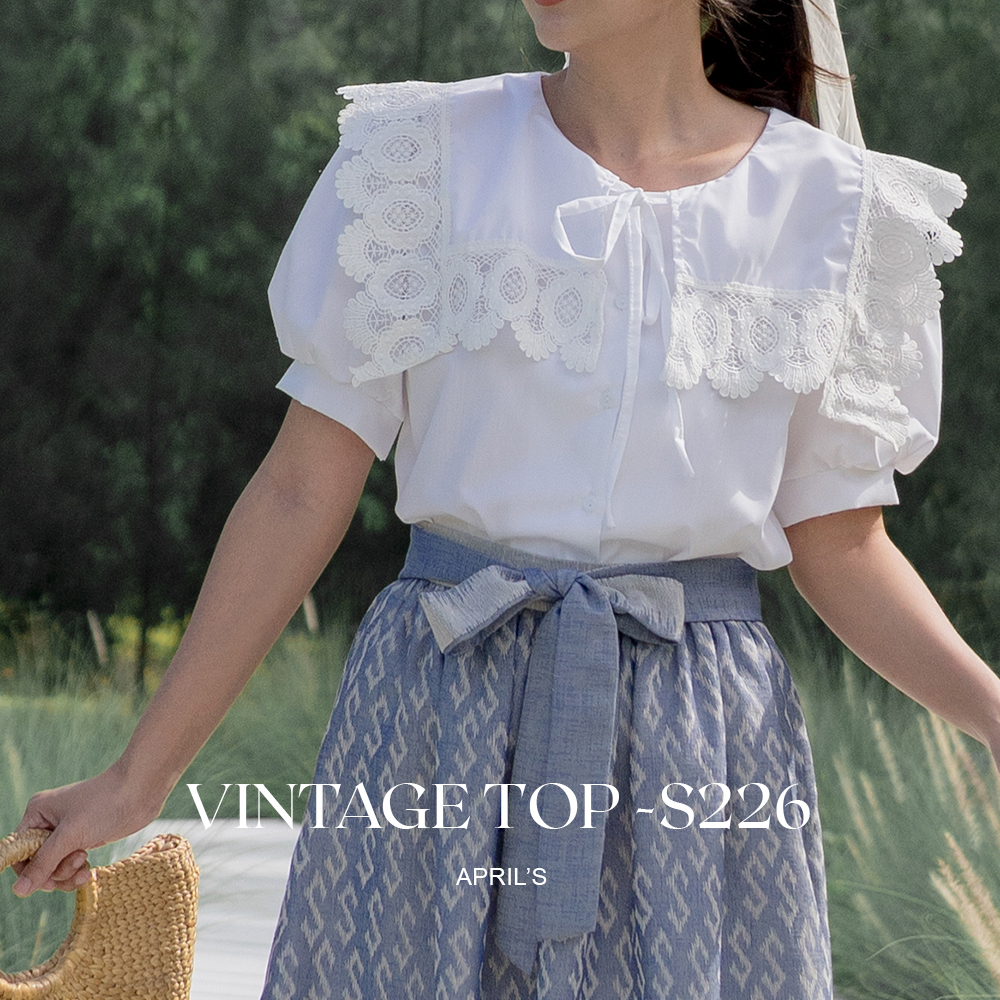 APRIL'S | Vintage Top - S226 เสื้อเชิ้ตแขนสั้น คอปกแต่งลูกไม้วินเทจ