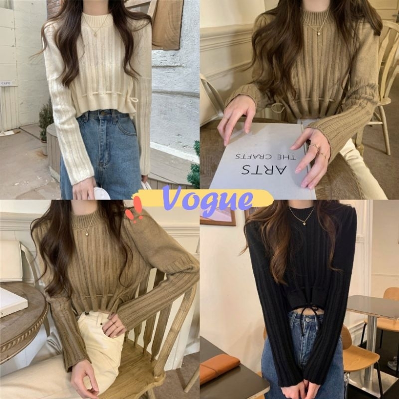 Vogue พร้อมส่ง เสื้อไหมพรมแขนยาว คอกลม ดีเทลผ้าร่องผ้าพริ้ว (85163) -C