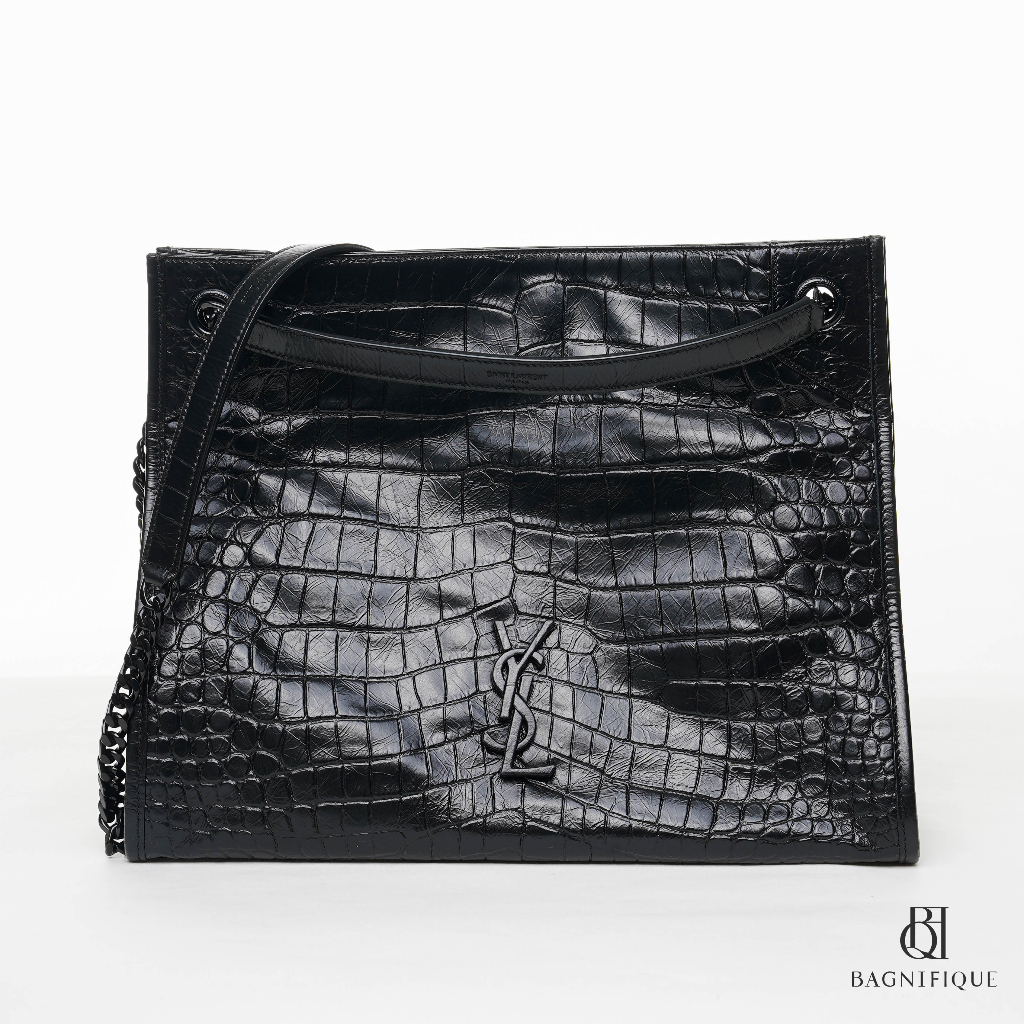 NEW YSL NIKI MNG MEDIUM BLACK CROC EMBOSSED BHW