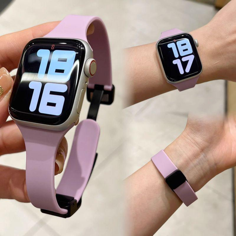 สำหรับ iWatch Series10 9 8 7 se 6 5 3 2 1 8 Slim เอวสายนาฬิกาซิลิโคนแม่เหล็กพับสายนาฬิกา 49mm/46mm/45mm44/42mm40/41/38mm