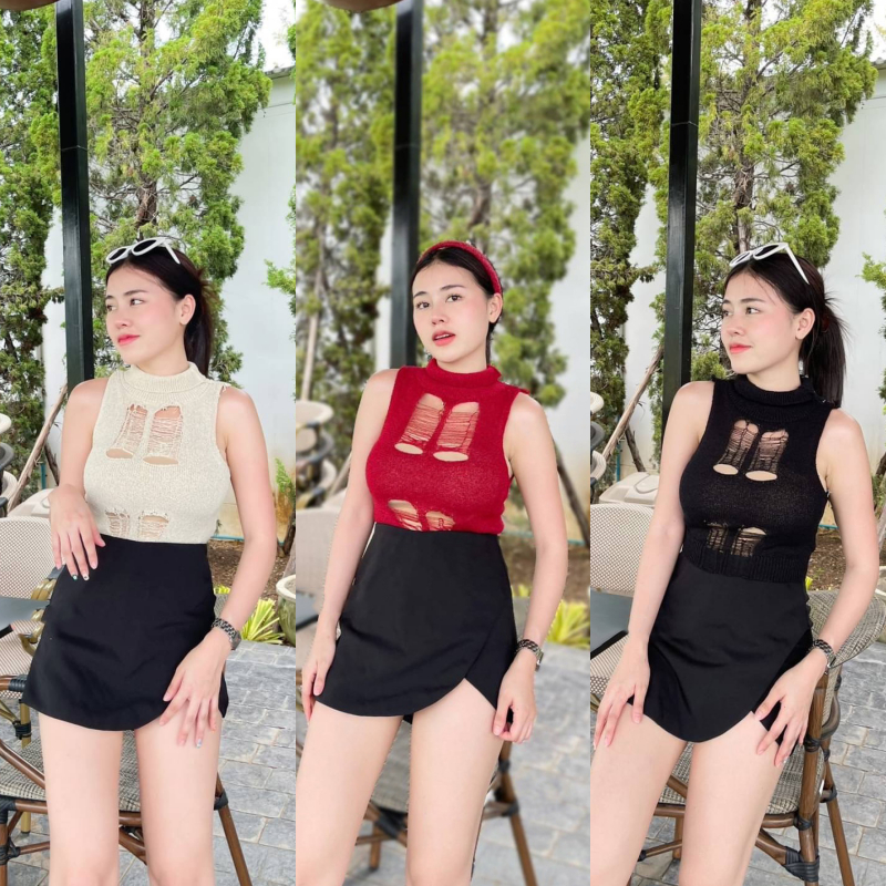 SpinnyHouse เสื้อกล้าม ทรงคอตั้ง ผ้าไหมพรม ✨ แต่งขาด สไตล์โคเรียม้าก ผ้าไม่หนา ยืดตามตัว รุ่น ออนไลน์