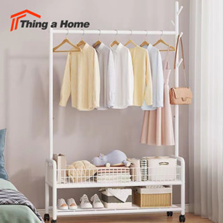 Thing a Home ราวตากผ้า 3in1 สไตล์มินิมอล พร้อมชั้นวางของ เสาข้างแขวนกระเป๋า โครงเหล็กเเข็งเเรง