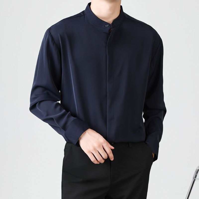 [DoubleDพร้อมส่งจากไทย] D3.เสื้อเชิ้ตแขนยาวผู้ชาย เสื้อเชิ้ตคอจีนผู้ชาย ซ่อนกระดุม ผ้าลื่น ใส่สบาย