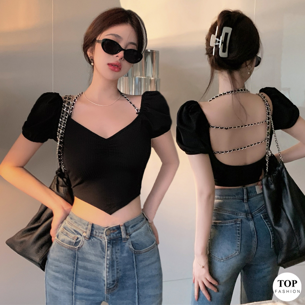 พร้อมส่งไทย ราคาถูก เสื้อครอปแขนสั้นคอวีชายแหลม แต่งสายเชือกโซ่ด้านหลัง