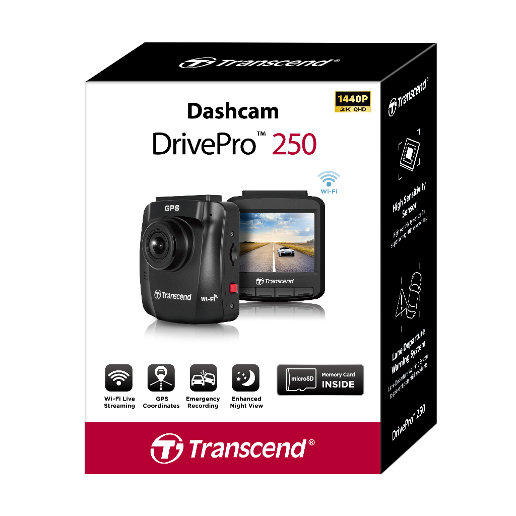 Transcend กล้องติดรถยนต์ DrivePro250 (2K QHD 1440P) Memory Card 64GB - รับประกัน 2 ปี - มีใบกำกับภาษี TS64GDP250A-EPA