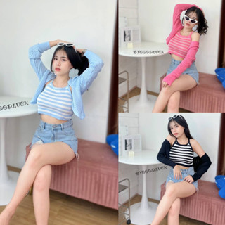 🌈Spinnyhouse🌈 ชุดเซ็ต เสื้อสายเดี่ยว+เสื้อคลุมแขนยาว✨ เสื้อกล้ามลายทางน่าร้าก เสื้อเกาหลี เสื้อแฟชั่นผญ💖 รุ่น ยาวมะตอย