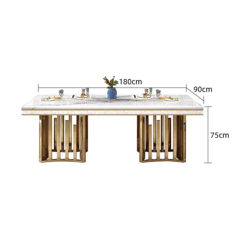 DT48-93 โต๊ะรับประทานอาหารท็อปหินอ่อนสีขาวแต่งขาสี่เหลี่ยมสีทอง 1.8 เมตร