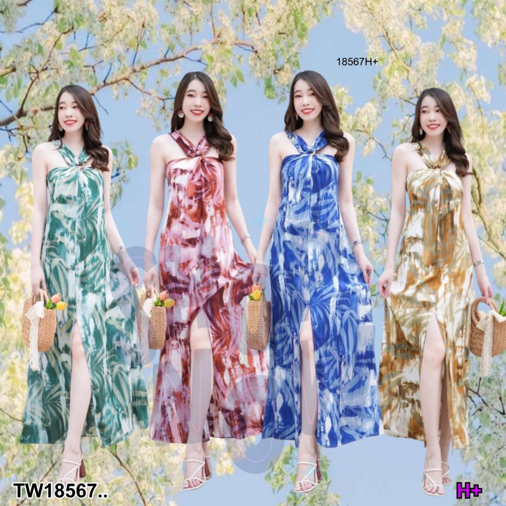Sshop ส่งไว1-2วัน S18567 เดรสลายมัดย้อมสายคล้องคอ จับจีบย่นแต่งห่วงไม้ช่วงอก..