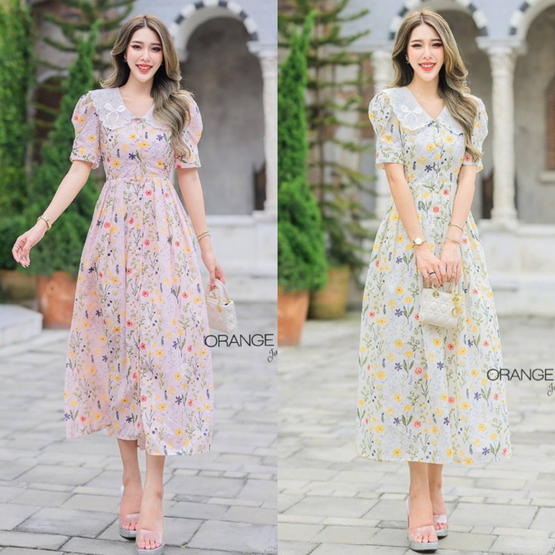 🧡พร้อมส่ง S-4XL🧡ป้าย Orange Juice💕เดรสยาว เดรสปักดอกไม้ สวยหวาน ปกลูกไม้