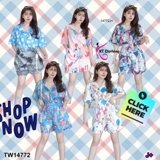 TwinsShopVip💗พร้อมส่ง TW14772 Set 2 ชิ้น เสื้อเชิ้ตแขนสั้น+กางเกงขาสั้น พิมพ์ลายกราฟฟิก