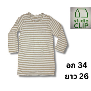 Studio CLIP - เสื้อยืดแขนยาวลายทางสีเหลือง-ครีม อก 34