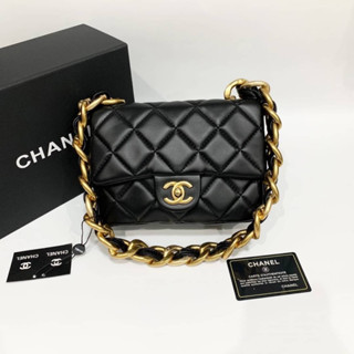 CHANEL CLASSIC MINI 8 LAMB BLACK GOLD HARDWARE กระเป๋าสะพายไหล่ แบรนด์ชาแนล