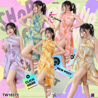 TW18575 set 2 ชิ้น เสื้อแขนกุดผ่าหน้า พิมพ์ลาย + กางเกงขาสั้น