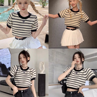 ttshop🌟พร้อมส่ง🌟 เสื้อยืดแขนสั้น คอกลม ผ้าถัก ลายทาง สไตล์เกาหลี สําหรับผู้หญิง