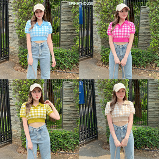 🌈SpinnyHouse🌈 เสื้อโปโล เสื้อคอปก ขนมิ้ง ครอปคอปก ลายตารางน่ารักมากค่า ใส่เที่ยว ช่วงแขนช่วงเอวจั้ม รุ่น มิ้งตาราง