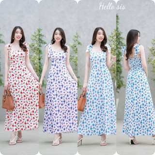 Maxi dress ผูกโบว์ไหล่ลายดอกไม้ สายผูกเองปรับระดับได้ มีสม็อคด้านหลัง มีซับใน