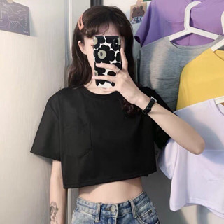 🌈พร้อมส่ง🌈 เสื้อแฟชั่น เสื้อครอป เสื้อแฟชั่น คอกลมแขนสั้นโชว์เอว สีพื้น(376)