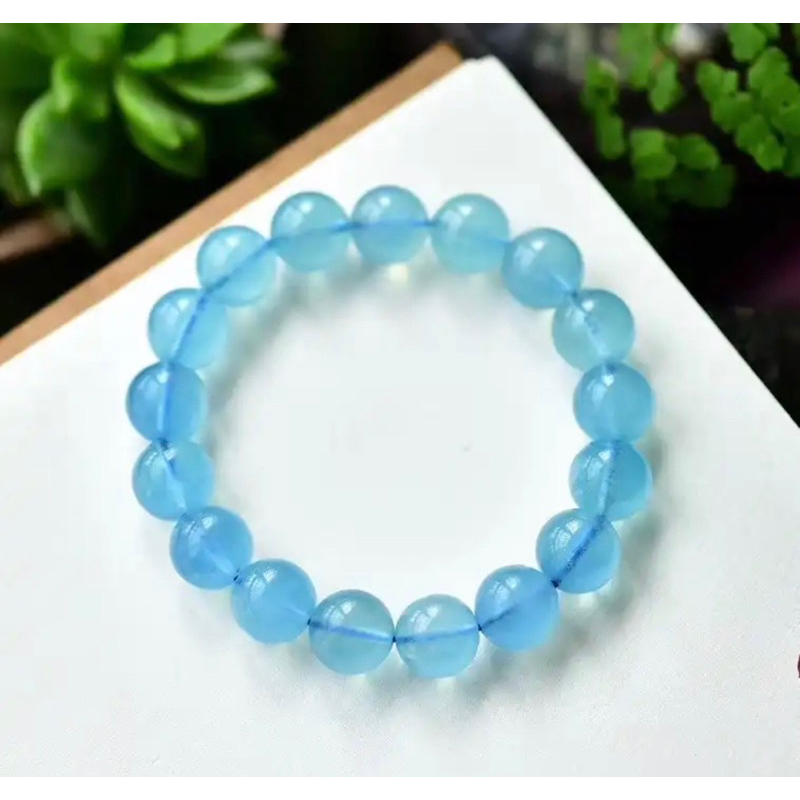 Natural Blue Aquamarine 11 mm Clear Round Beads Bracelet Women Men Ice Aquamarine Jewelry Crystal He