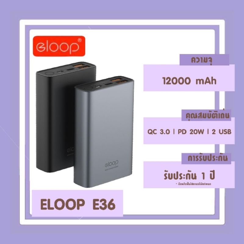 แบตเตอรี่สำรอง Eloop E36 12000 mAh ของแท้ 100% รับประกัน 1 ปี พร้อมส่ง