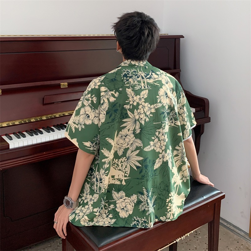 EERSHENSHI เสื้อเชิ้ตผู้ชายสีเขียวแขนสั้นเสื้อเชิ้ตผู้ชายฤดูร้อนบางส่วนฮ่องกงรสย้อนยุคสบายๆฮาวายเดินทางดอกไม้ชายหาดเสื้อดอกไม้น้ำ - รูปที่ 3