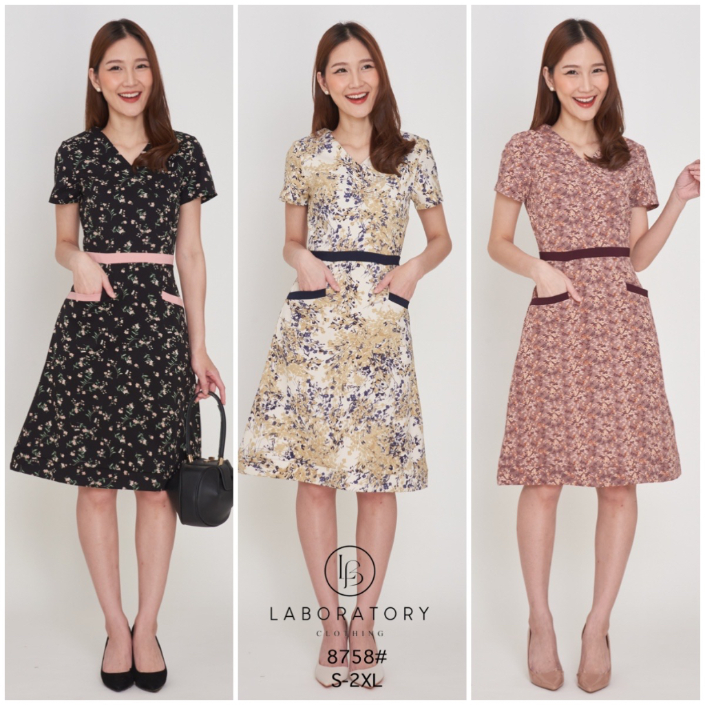 *Laboratory* เดรส 8758 ชุดทำงาน ชุดใส่เที่ยว คอวี กระโปรงทรงเอ ผ้าพิมพ์ลาย