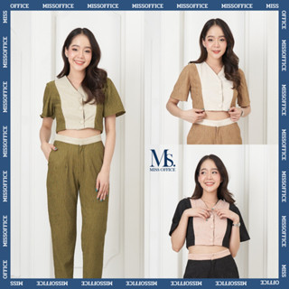 Miss Office เสื้อแขนสั้น ผ่าย่น แต่งกระดุม 3เม็ด ทูโทน MT-183