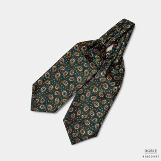 Yellow&amp;White Paisley on Green Y/G Ascot tie-แอสคอตเนคไทสีเขียวลายลูกน้ำ