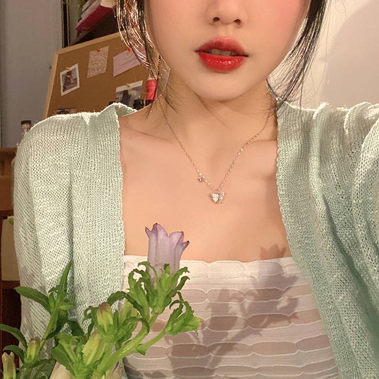 IC-สร้อยคอผีเสื้อสองชั้น ประดับเพชร สร้อยคอโซ่ผีเสื้อ จี้ผีเสื้อ(พร้อมส่ง)