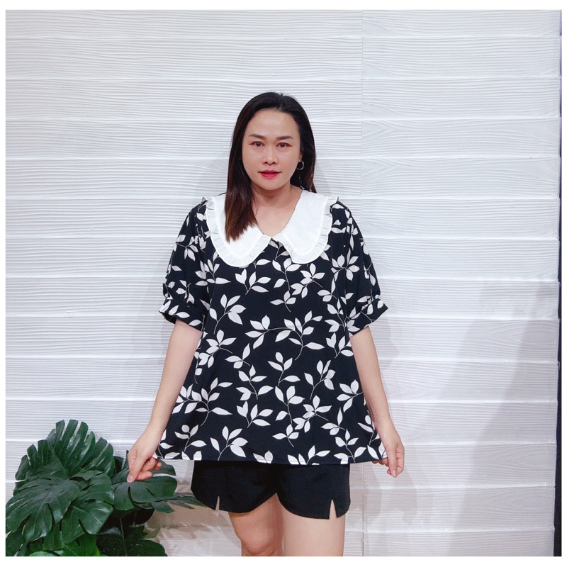 เสื้อสาวอวบคอปกบัวระบายพิมพ์ลวดลายใบไม้อก50”/พ010 ราคา ถูกที่สุด ดีลบีเคเค แกลเลอรีภาพที่ 2