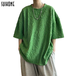 Suikone เสื้อยืดแฟชั่นผู้ชายฤดูร้อนลำลองสีทึบสไตล์ผ้าวาฟเฟิลทรงหลวมลำลองผู้ชายและผู้หญิงสามารถสวมใส่ได้