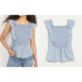 เสื้อแขนระบาย คอเหลี่ยม สม็อคหน้าหลัง ผ้า cotton ยีนส์เนื้อนิ่ม
