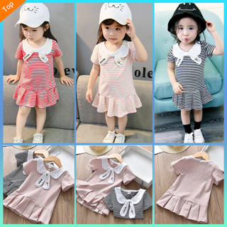 เสื้อผ้าเด็ก คอเเต่งโบว์ ชุดเดรสเด็กผู้หญิง ลายริ้ว จับจีบปล…