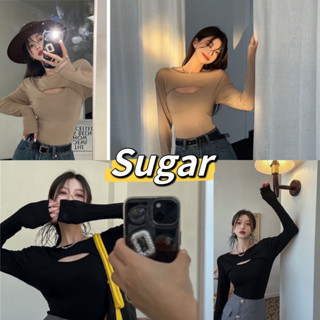 Sugar🌈พร้อมส่ง🌈เสื้อยืด แฟชั่นผู้หญิง สไตล์เกาหลี เว้าหน้า แขนยาว(6870)