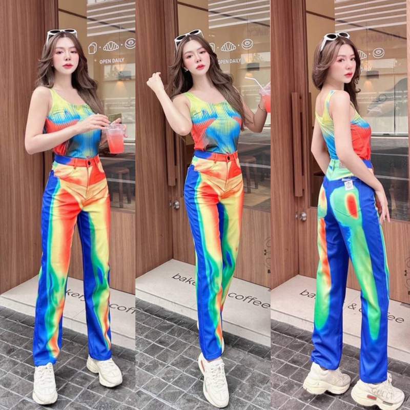 🎏S-6XL🎏กางเกงขายาวทรงกระบอก เอวสูง ลายมัดย้อม สีสดใส