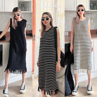 New Arrival !!!! Striped Short Sleeve Knit Dressเดรสไหมพรมลายทางคอกลมแขนสั้น แต่งชายลุ้ยๆพร้อมส่ง