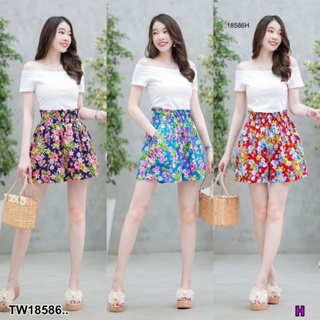 J18586 set 2 ชิ้น เสื้อปาดไหล่ + กางเกงเอวยืดลายดอกไม้ 2-piece set: off-the-shoulder top + floral stretch pants