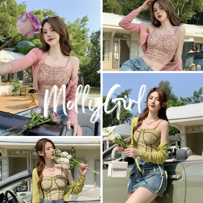 Mollygirl สายเดี่ยว เสื้อคลุม ลายลูกไม้สายปรับๆได้ ฟองน้ำในตัวแต่งตัดขอบทรงสวยปังสุดๆ