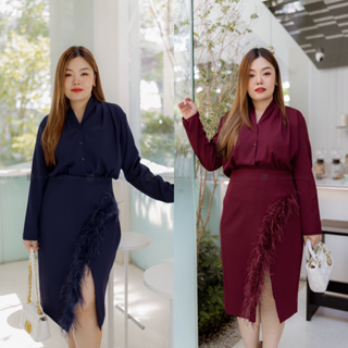 SSD58 เซตกระโปรงขนนก เรดไวน์/กรม/น้ำตาล/ครีม เสื้อผ้าพลัสไซส์ Plussize fashion ชุดคนอ้วน แฟชั่นสาวอวบ