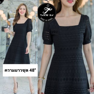 เดรสดำออกงาน!!! S-6XL Dress เดรสสีดำแขนพองผ้าฉลุลาย งานป้าย Tarm Ha