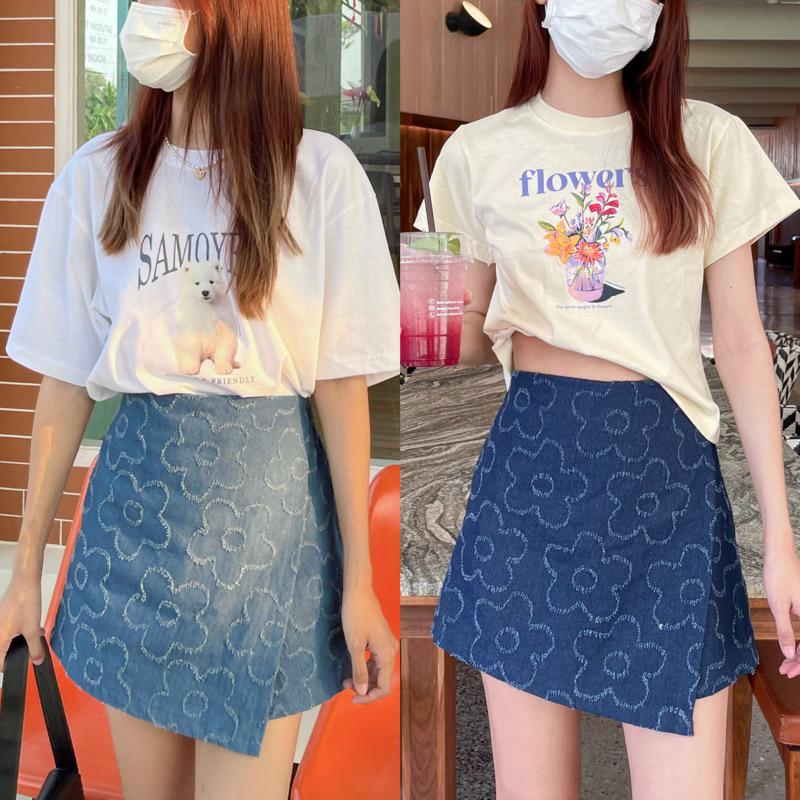 Luna skirt ⛅️กางเกงกระโปรงยีนส์ผ้าดอกไม้ งานน่ารักมาก พร้อมส่ง!