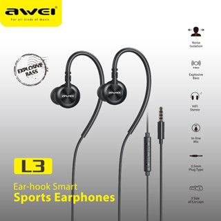 Awei หูฟัง AUX L3 Ear-hook Smart Super Bass Earphones ฟังสเตอริโอเบสหูฟังสีดำหูฟังแบบครอบหูพร้อมไมโครโฟน Gratis Ongkir