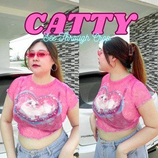 CATTY เสื้อครอปซีทรู Y2K พิมพ์ลายน้องแมวสีชมพูฟรุ้งฟริ้งตัดขอบผักกาดสีฟ้าน่ารักผ้านิ่มมาก