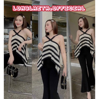 black&amp;white crop เสื้อครอป เสื้อสายเดี่ยว สีทูโทน ตัดสีดำ-ครีม งานตามหา ผ้าไหมพรมถัก