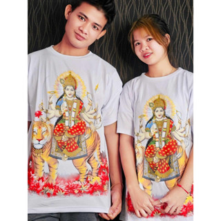 เสื้อยืด  ลายพระเเม่อุมา สีขาว เสื้อคอกลม เสื้อยืด เสื้อผ้าผู้ชาย-ผู้หญิง (ลายไทย) ลายพระแม่อุมา เนื้อผ้าคอตตอนแท้100% เ